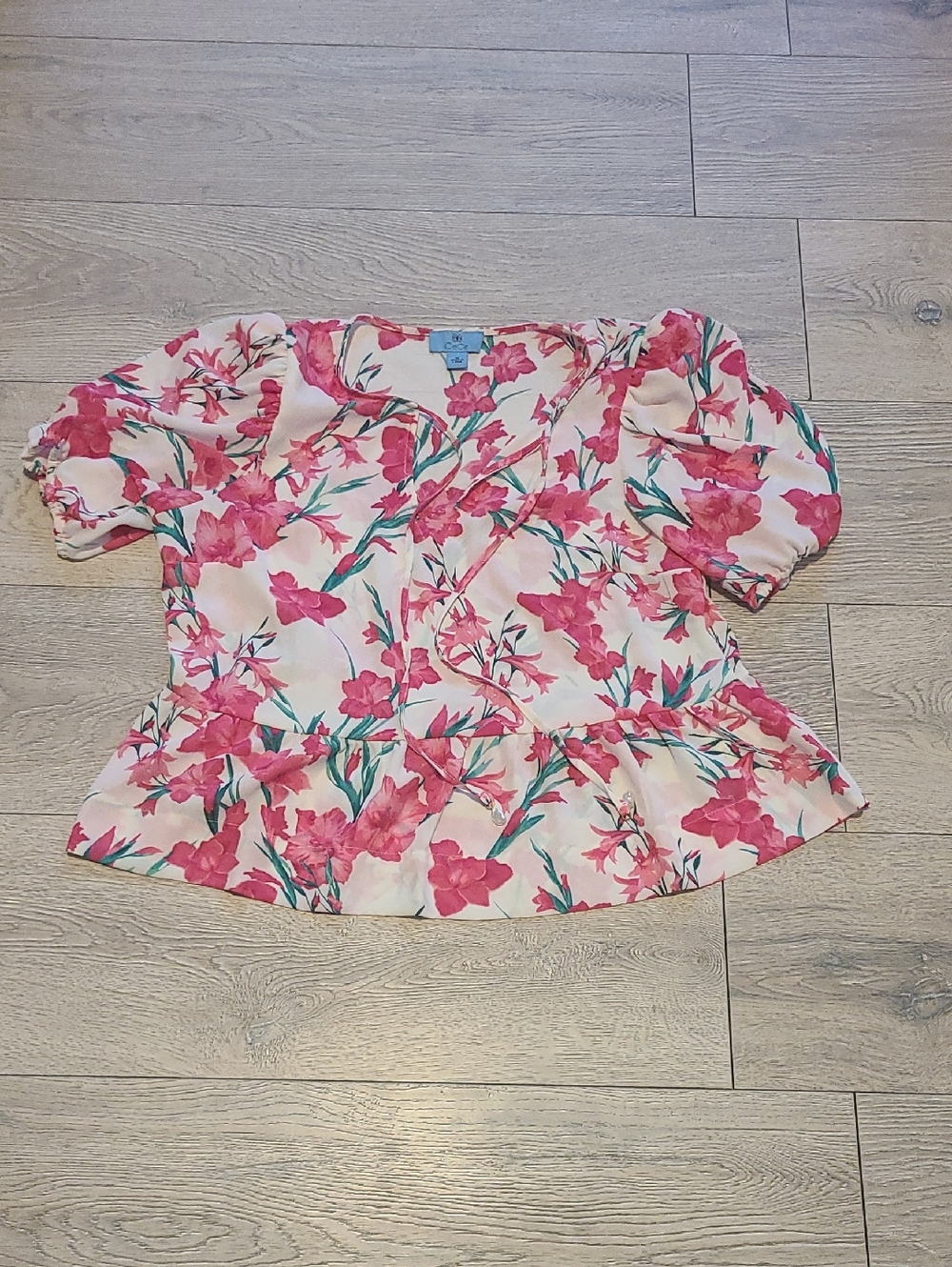 CeCe Pink Floral Wrap Peplum Blouse - Cream Base
